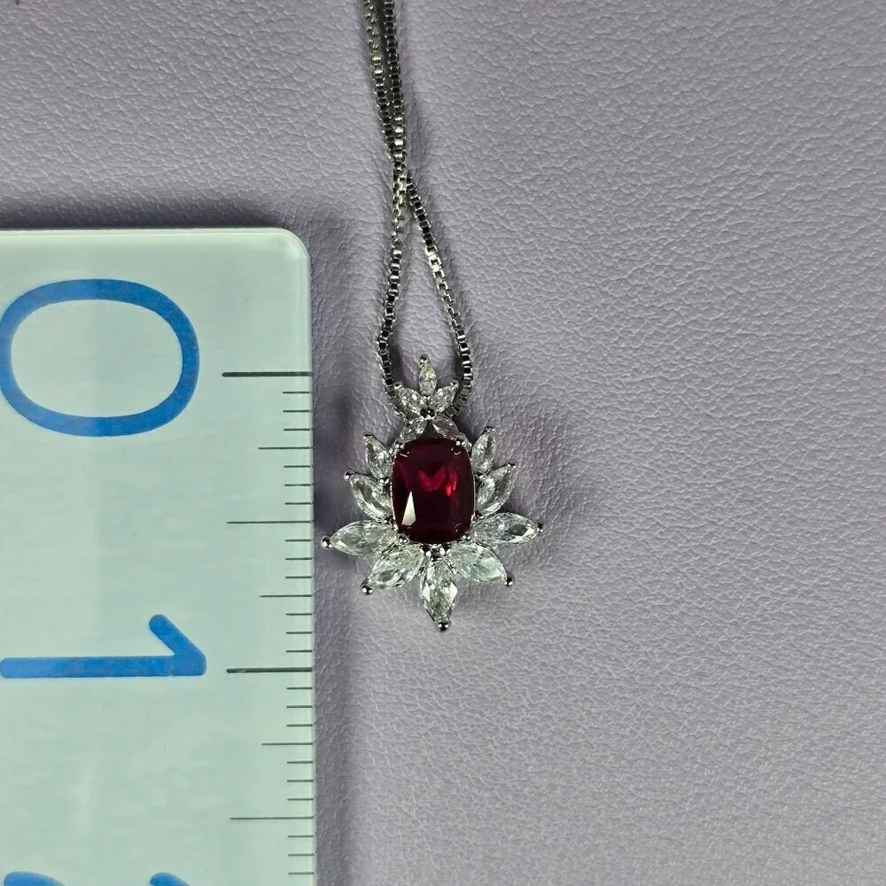 Elegant Silver-Plated Synthetic Ruby Pendant‎ Necklace (NWOT)